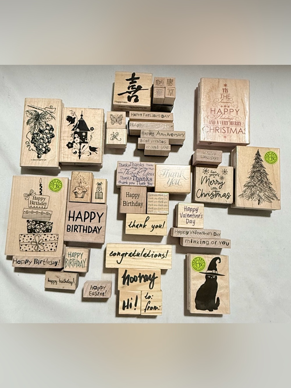 Wooden Sentiment Stamp Set - Natural Wood Finish Vintage Different Brands 39 pcs